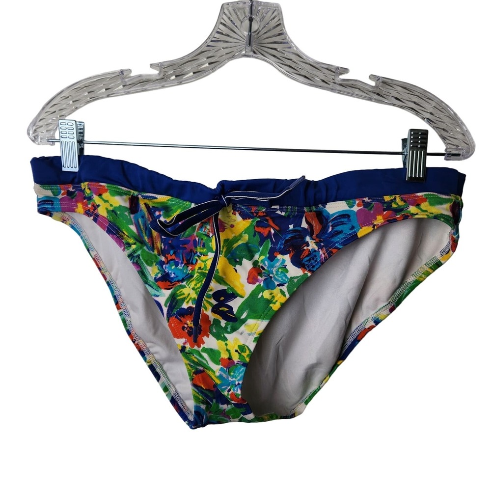 Lands' End Floral Bikini Swim Bottoms Womens 14 Blue Multi Color Drawstring Tie